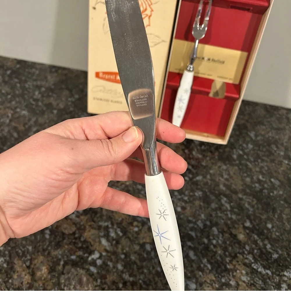 MID CENTURY MODE DANISH Regent SHEFFIELD FORK KNIFE CARVING SET 2 PC Starburst